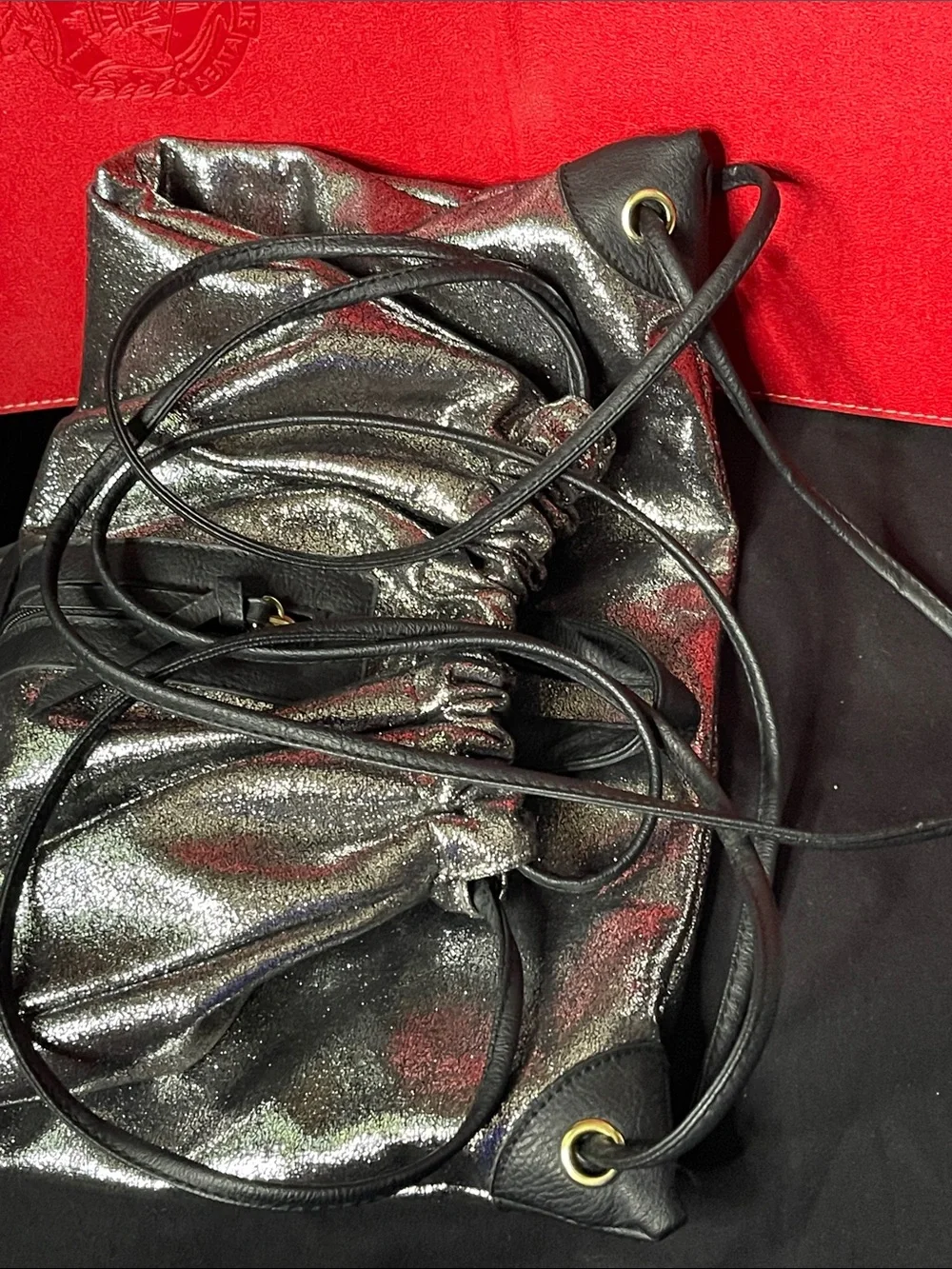 Metallic Silver Drawstring Women’s Backpack (16.5x 14)